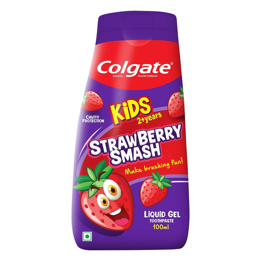 Colgate Kids Toothpaste in a Fun Squeezy Bottle, Strawberry Flavor Gel Tooth Paste, Easy-Grip & Makes Brushing Fun, Cavity Protection, Safe for Kids, Paraben/Gluten-Free, Vegan, Age 2-6yrs, 100ml