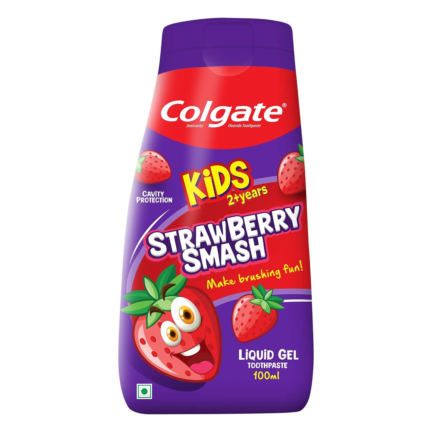 Colgate Kids Toothpaste in a Fun Squeezy Bottle, Strawberry Flavor Gel Tooth Paste, Easy-Grip & Makes Brushing Fun, Cavity Protection, Safe for Kids, Paraben/Gluten-Free, Vegan, Age 2-6yrs, 100ml