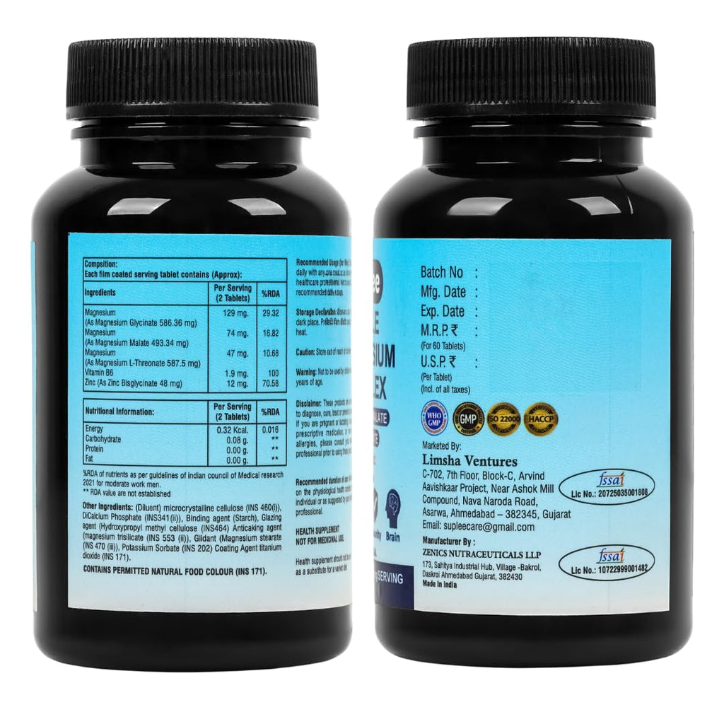 Suplee Triple Magnesium Complex Supplement with Magnesium Glycinate, L-Threonate & Malate | With Zinc & Vitamin B6 for Sleep, Muscle, & Brain Support | 60 Tablets