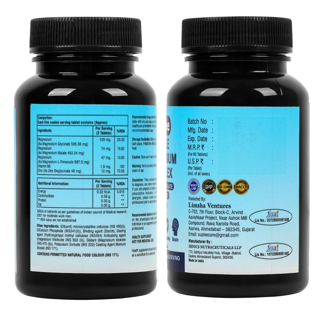 Suplee Triple Magnesium Complex Supplement with Magnesium Glycinate, L-Threonate & Malate | With Zinc & Vitamin B6 for Sleep, Muscle, & Brain Support | 60 Tablets