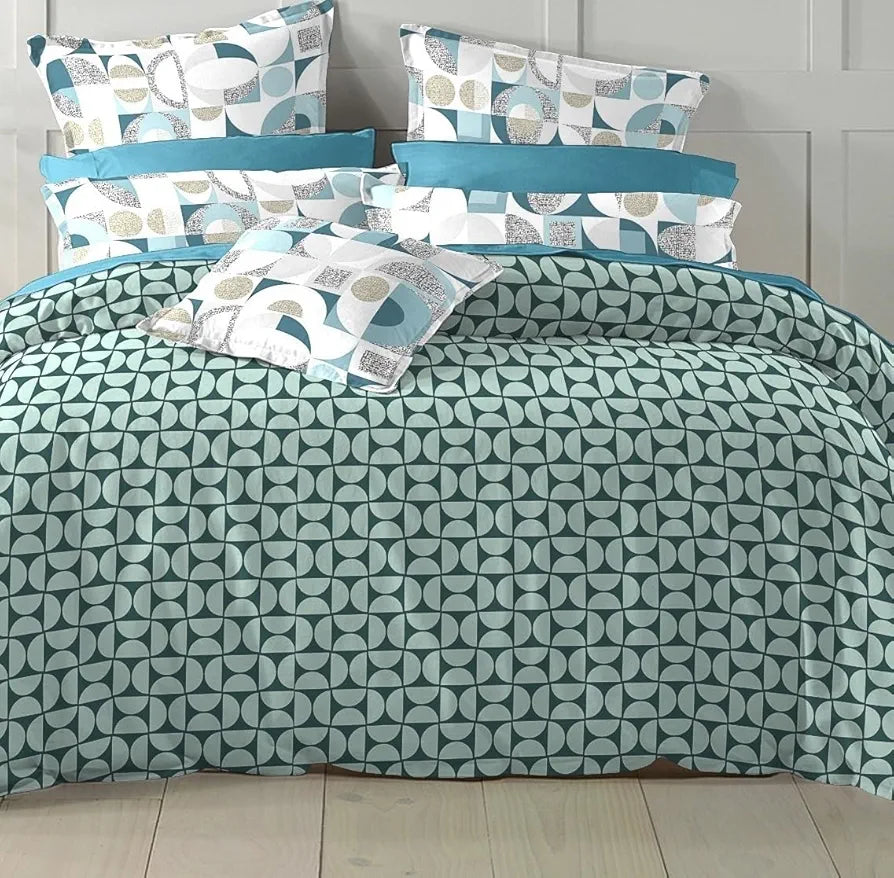 The Home Style Cotton Elastic Fitted All Around Printed King Size 400 TC Double Bed Bedsheet Wih 2 Pillow Cover Minty Waves