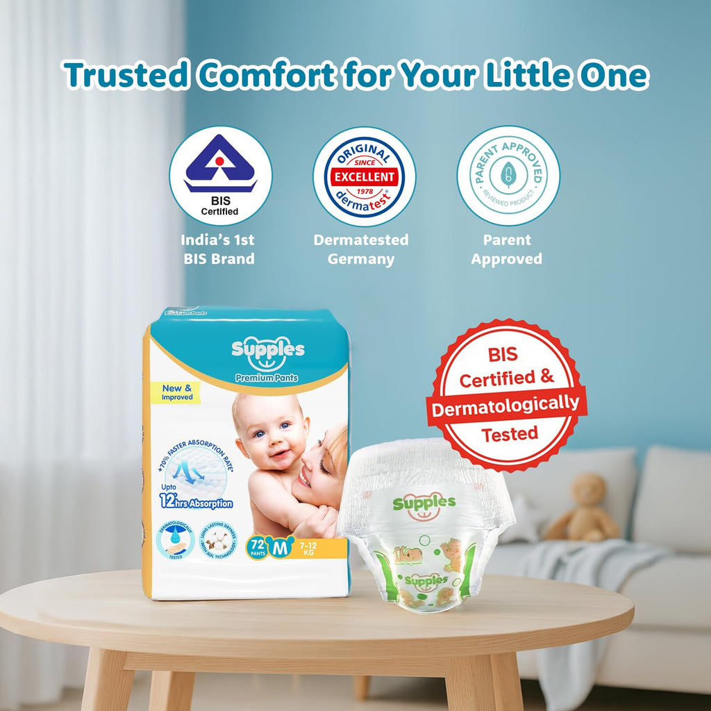 Supples Premium Baby Diaper Pants | 72 Baby Diapers | Medium | 7-12 Kg | 12 Hrs Absorption | Cushiony Cotton Soft Fabric | Phthalates-Free | Triple Leak Guard