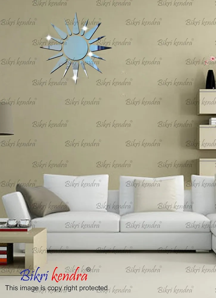 Bikri Kendra Sun Silver Model-2 Mirror Stickers for Wall, Acrylic Mirror Wall Decor Sticker