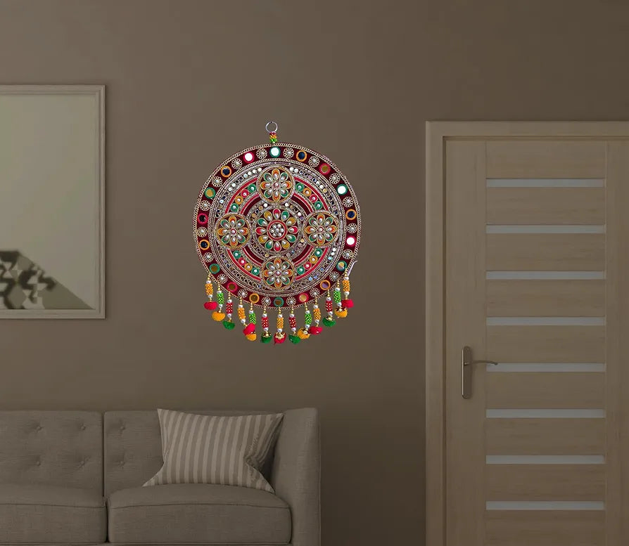 Velvet Traditional Round Floral Design Wall Decor Handicraft Wall Hanging Multicolour Round