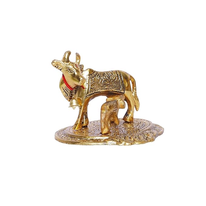 KridayKraft Gold Color Kamdhenu Cow With Calf Standing Metal Statue Gau Mata Murti Idol