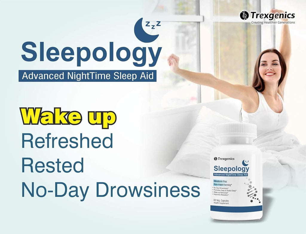 Trexgenics SLEEPOLOGY Advanced Melatonin-Free, Non-Habit Forming NightTime Sleep Support Passion flower, valerian, chamomile, Magnesium bisglyciante (60 Veg. Capsules)