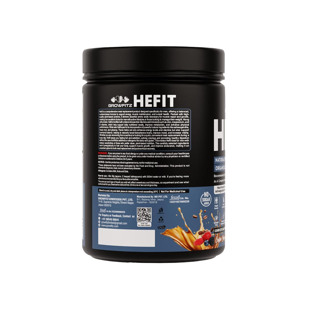 Growfit Hefit 100% Natural Plant Protein Powder 400g | 12g Protein - Pea Isolate | Easy to Digest | Meal Supplements for Muscle Growth & Recovery | 50+ Organic Herbs | No Added Sugar (Coffee Berry)
