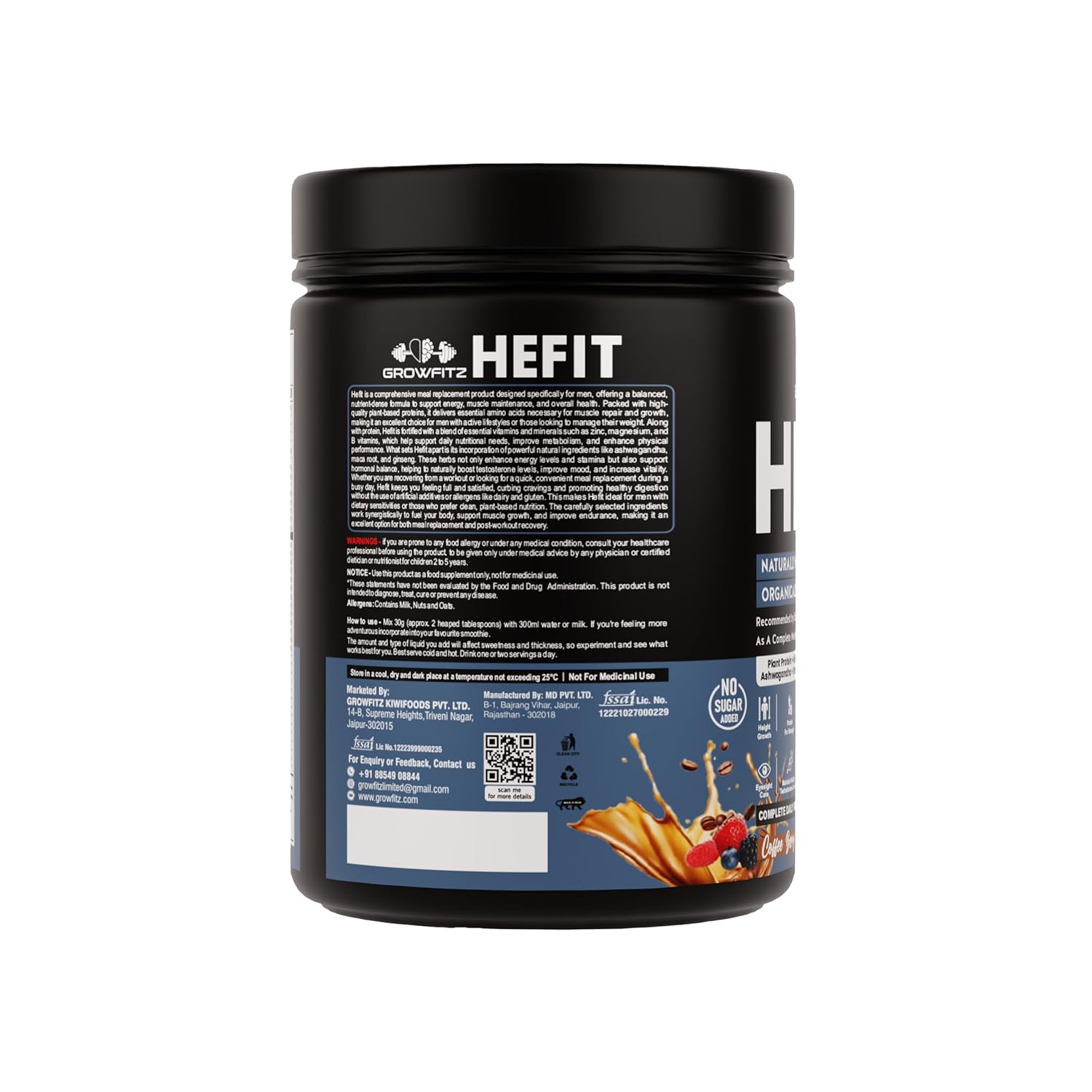 Growfit Hefit 100% Natural Plant Protein Powder 400g | 12g Protein - Pea Isolate | Easy to Digest | Meal Supplements for Muscle Growth & Recovery | 50+ Organic Herbs | No Added Sugar (Coffee Berry)