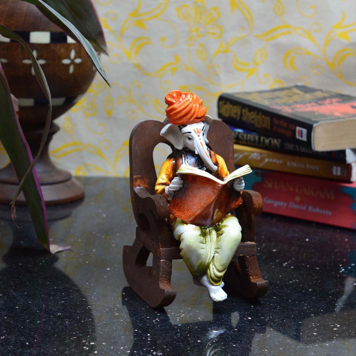Ecraftindia Lord Ganesha Reading Book on Wooden Chair