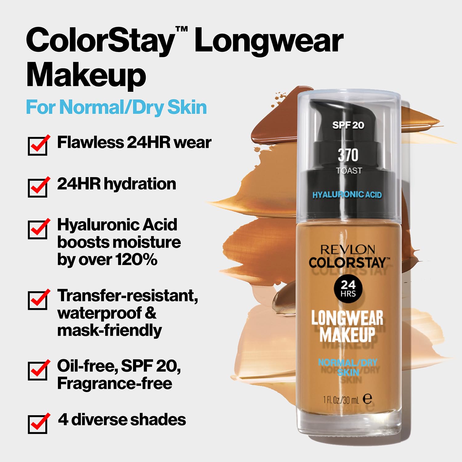 Revlon Liquid Foundation, ColorStay Face Makeup for Normal and Dry Skin, SPF 20, Longwear Medium-Full Coverage with Matte Finish, Oil Free, Toast, 1 Ounce