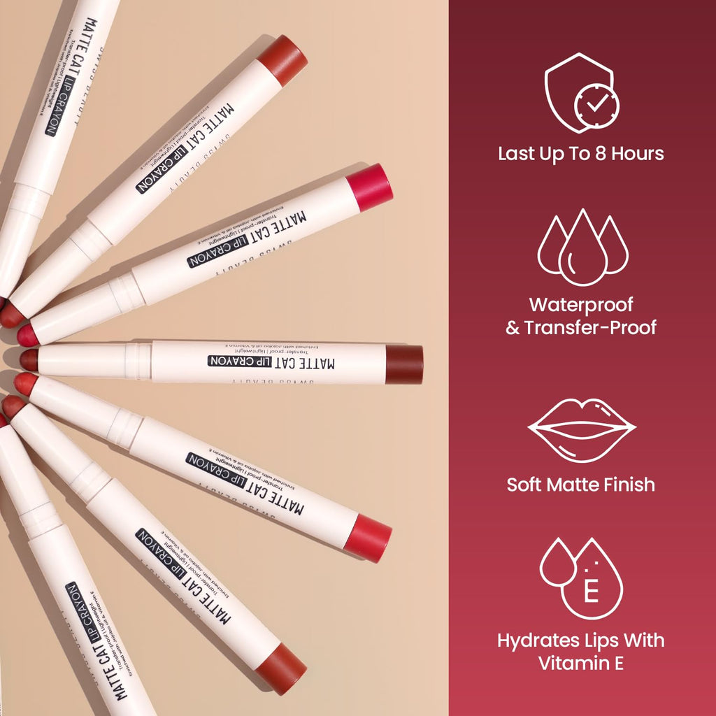 Swiss Beauty Matte Cat Lip Crayon | Matte Finish | Waterproof | 12-Hour Stay | Hydrating | Non-drying | Shade-02 Regal Camarine, 1.5g
