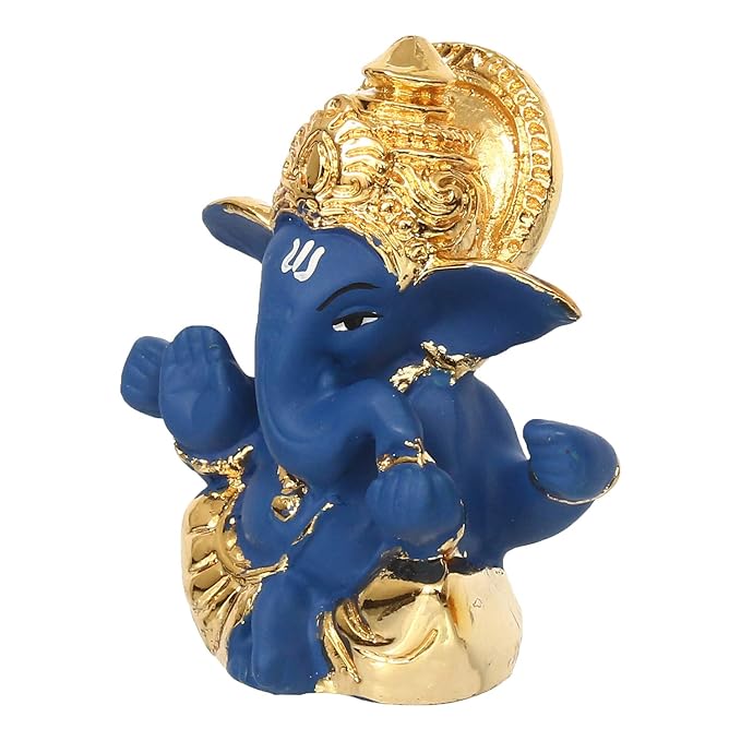 Ecraftindia Gold Plated Blue Mukut Ganesha Decorative Showpiece for Home/ Temple/ Office/ Car Dashboard