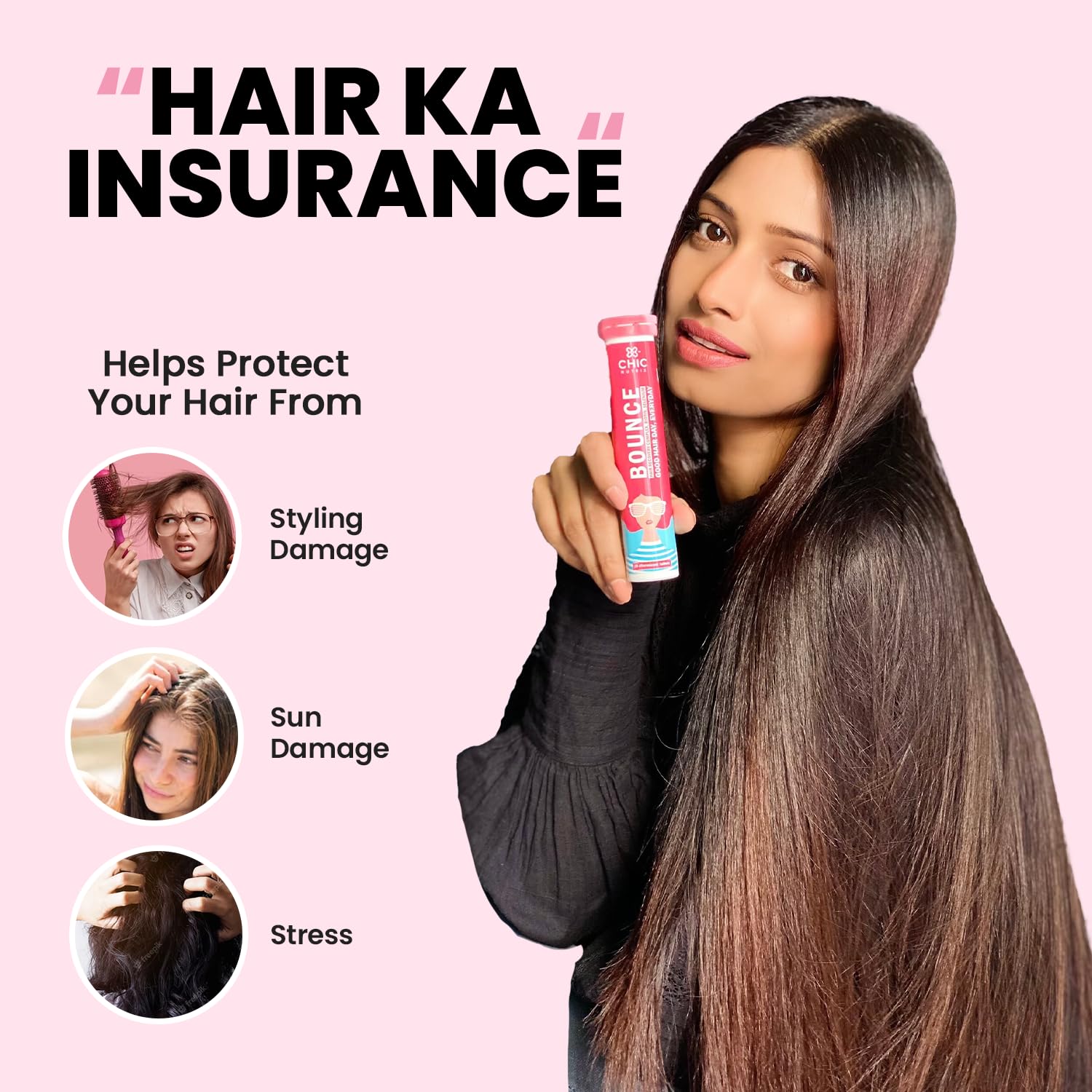 CHICNUTRIX Bounce|20 Raspberry Flavoured Effervescent Tablet|Biotin With Selenium & Amino Acids-Hair Fall & Hair Growth Management Thick Hair - Frizz-Free Hair- Hair Fall Control Supplement,100 grams