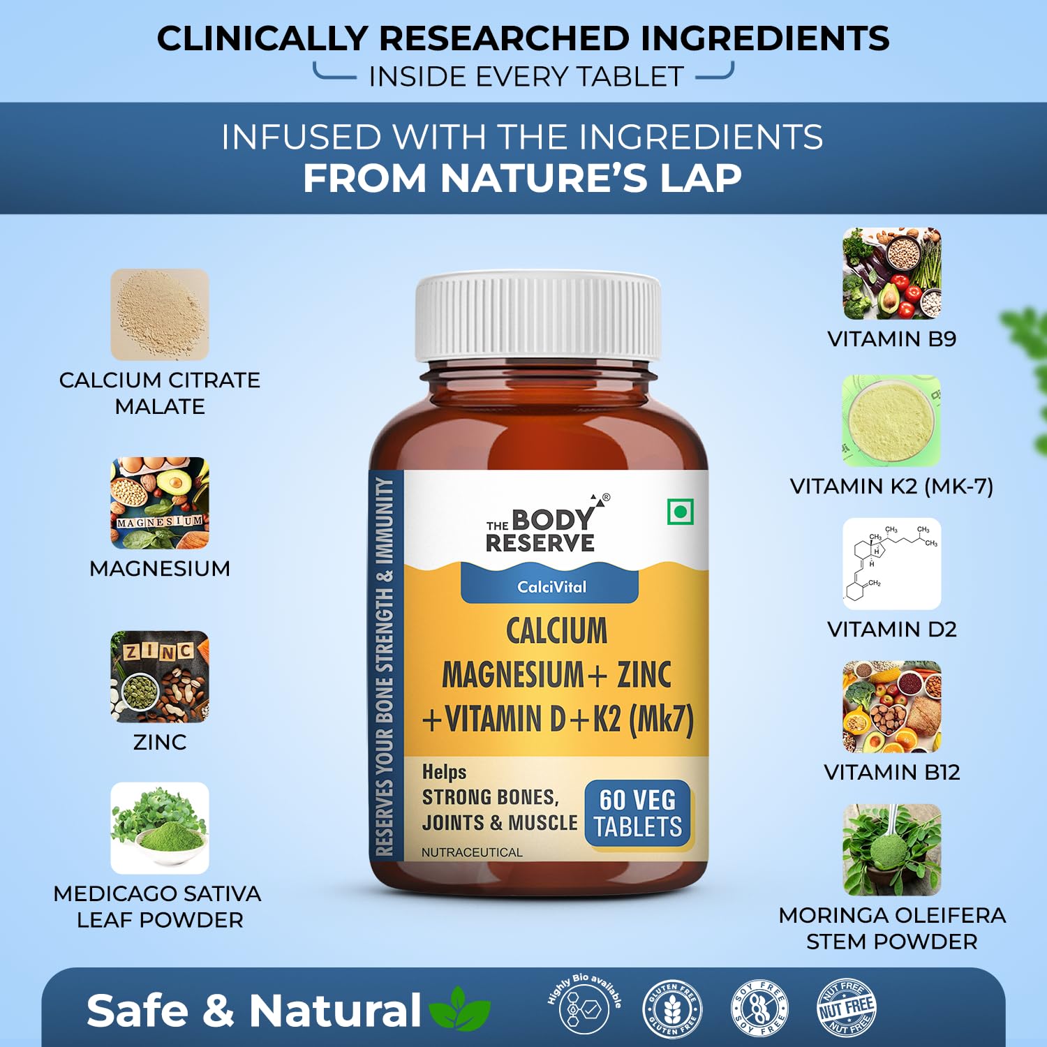 The Body Reserve Calcium Tablets For Women & Men- 60 Tablets, Calcium Magnesium & Zinc Supplements For Man With Calcium Citrate, Vitamin K2, MK7 & Vitamin B12 To Support Joints And Bone Health