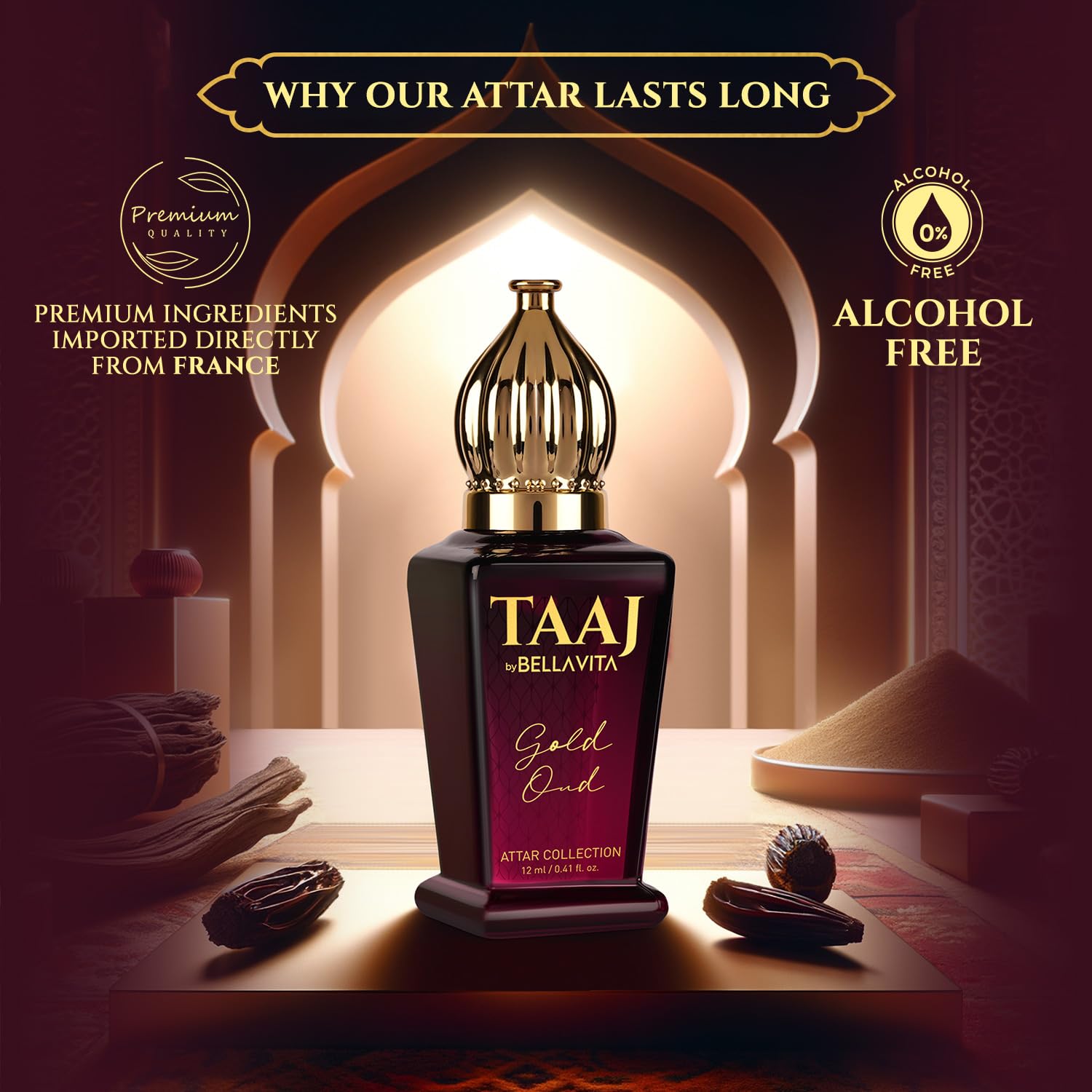 BELLAVITA TAAJ Gold Oud Unisex Long Lasting Attar for Man and Woman 12ml | Caramel, Rose, Jasmine and Orris | Non-Alcoholic Roll On | Ideal Gift for Men and Women