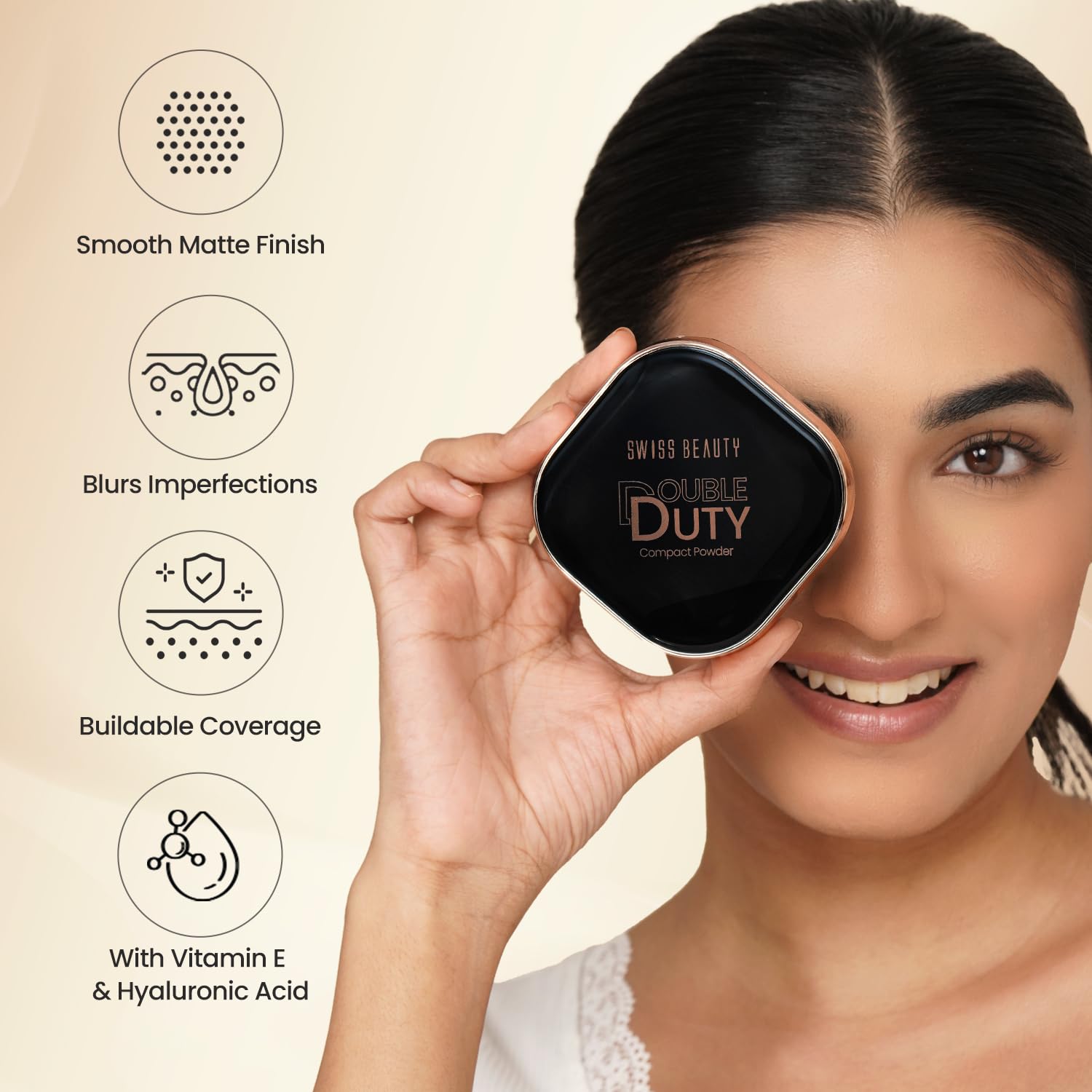 Swiss Beauty Double Duty Compact Powder | 2-in-1 Compact for Day to Night | Buildable Coverage | With Vitamin E & Hyaluronic Acid | 18g, Shade- 1- Natural Ivory/Fair Ivory