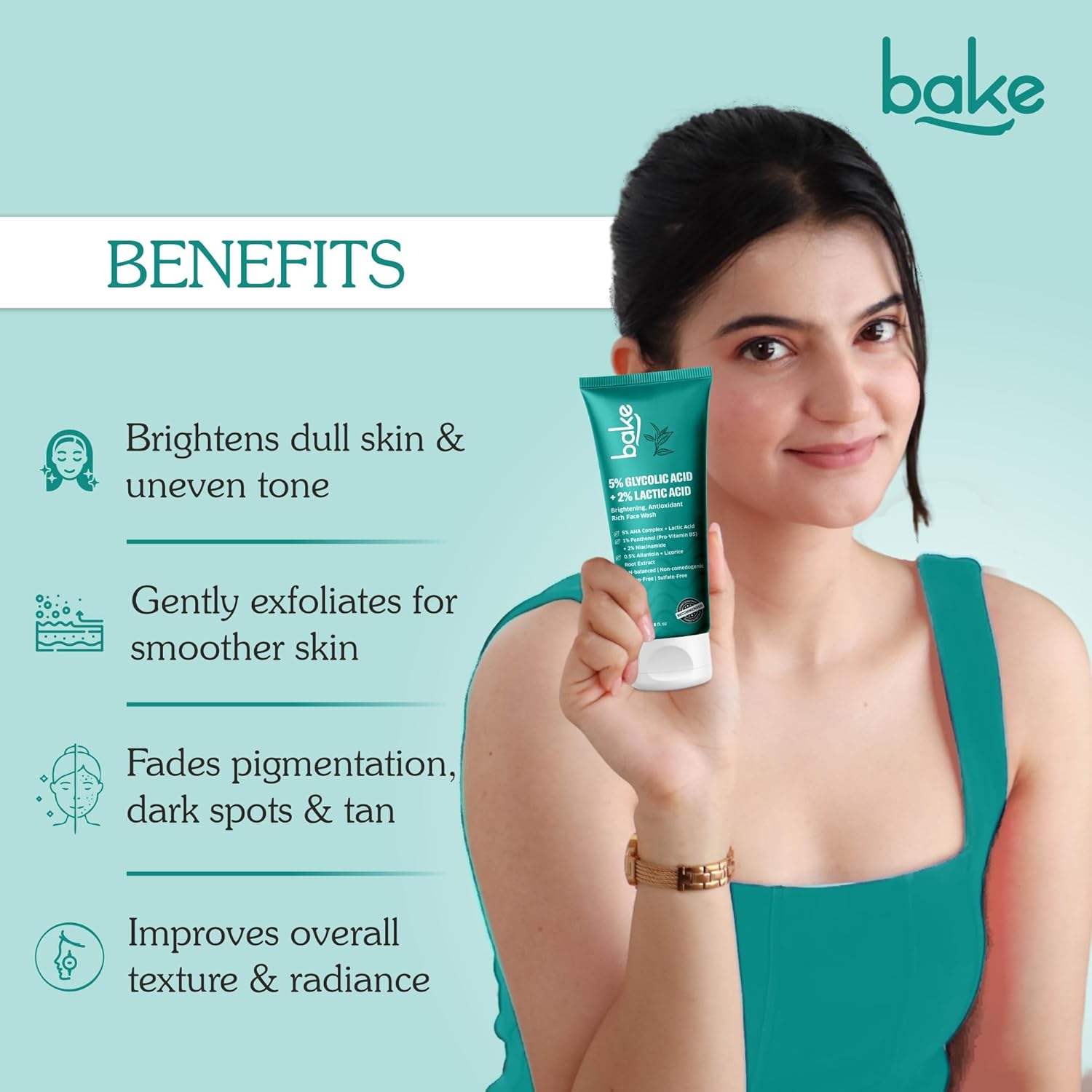 BAKE 5% Glycolic Acid Face Wash for Dark Spots & Pigmentation | For Tan Removal & Dull Skin | Daily Brightening & Glowing Face Wash - 100ml