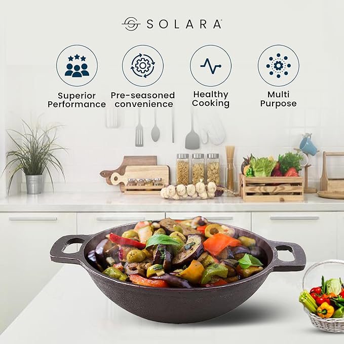 Solara Pre Seasoned Cast Iron Kadhai | 25 Cm, 2.5 Kg | Naturally Nonstick Cast Iron Kadai With Flat Handles | 2.3 Litres
