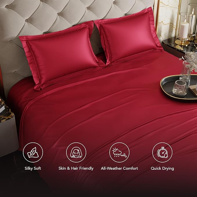 Stoa Paris Satin Bedsheets For Double Bed 300Tc Premium Bedsheet With 2 Pillow Covers Colour Flirty Red