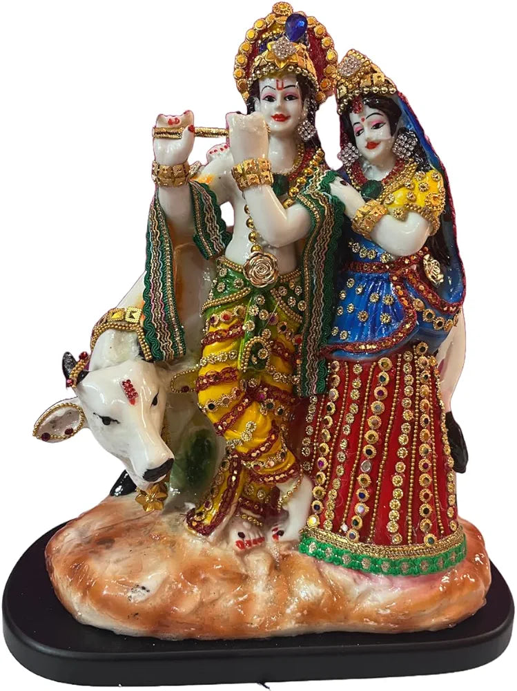 Alila Marble Finish Murti Idol Statue Sculpture Spiritual Hindu God 630DJ Radha Krishana with Cow