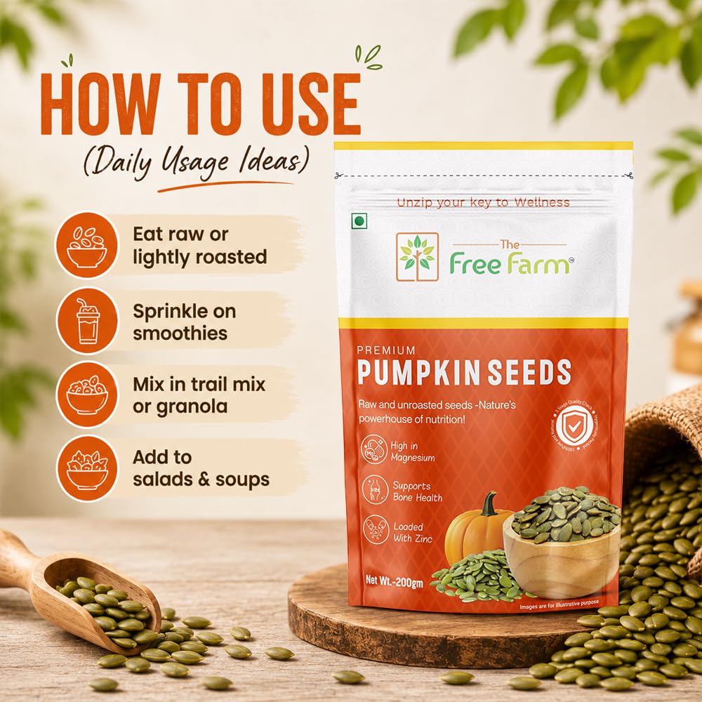 The Free Farm Premium Raw Pumpkin Seeds | 200 G | Source of Zinc | Rich in Magnesium I Hygienically Packed