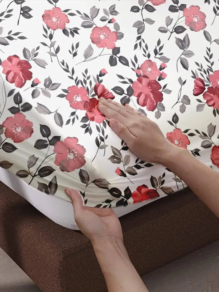 Trance Home Linen 180TC 100% Cotton 78"x72" Standard King Size Elastic Fitted Bedsheet Printed King Bed Size with 2 Pillow Covers Colour Blooms Coral