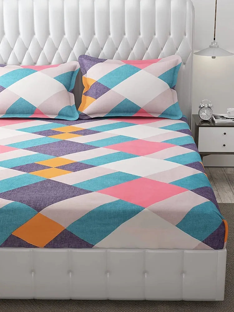 The Home Style Cotton Feel Glace Cotton All Around Elastic Fitted Printed Queen Size Double Bed Bedsheet With 2 Pillow Cover 300 TC Multicolor Abstract