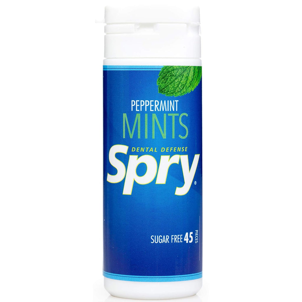 Spry Xylitol Peppermint Mints Sugar Free Candy - Promote Oral Health, Increase Saliva Production, Stop Bad Breath, Non-GMO, Gluten-Free, 45 Count (Pack of 1)