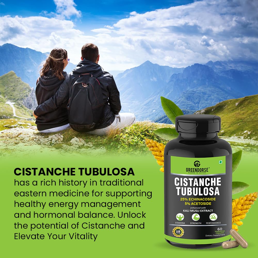 GREENDORSE Organic Cistanche Tubulosa standardised to 25% Echinacoside, 5% Acetoside with Kali Musli Extract 1000mg | 3rd Party Tested| For Strength, Performance, Vitality- 60 Veg Capsules