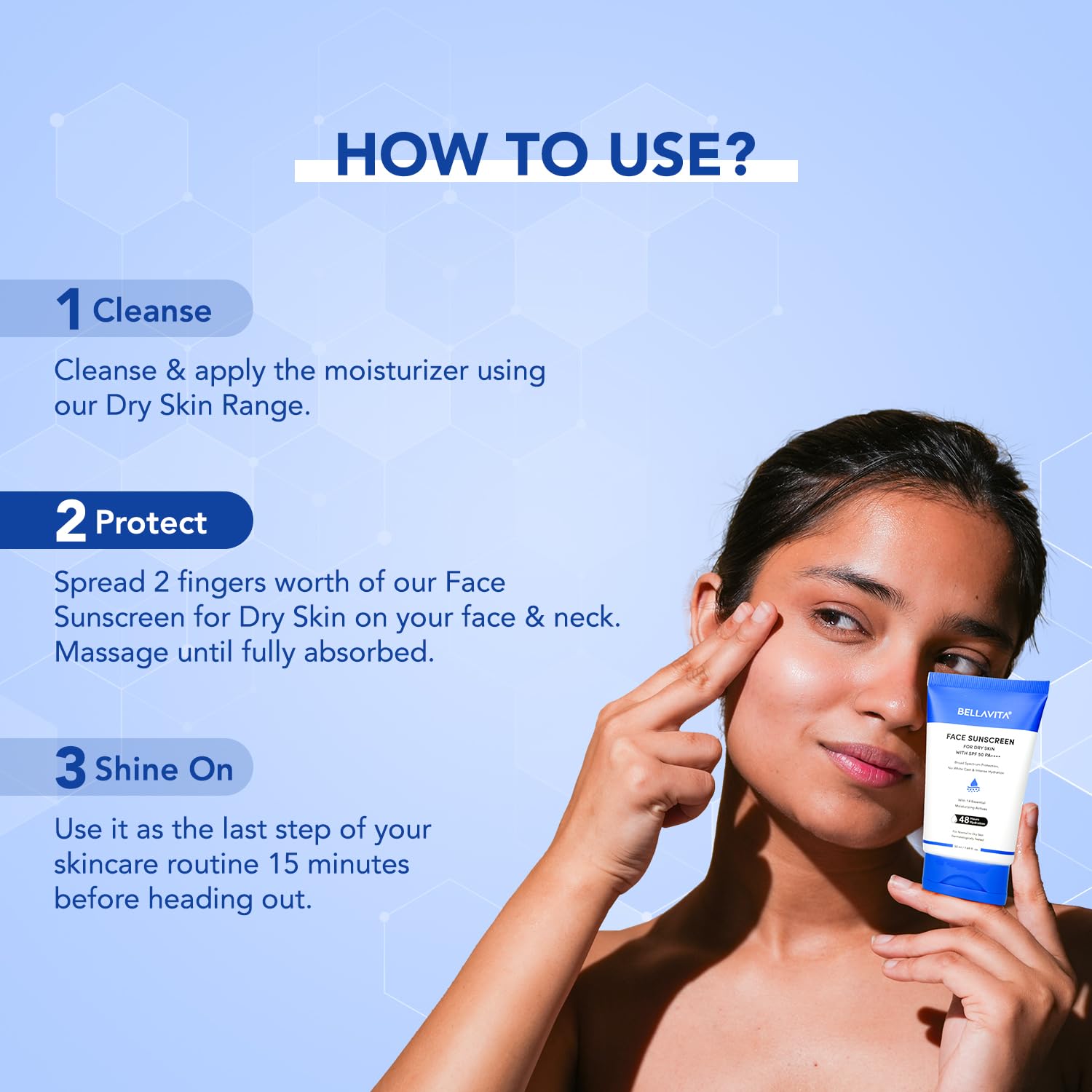BELLAVITA Sunscreen SPF 50 For Dry Skin|SPF 50 PA++++|Broad Spectrum Protection | No White Cast | Water & Sweat Resistant|Dermatologically Tested|Hydrating Sunscreen|48hrs Hydration | For Men & Women | 50ml
