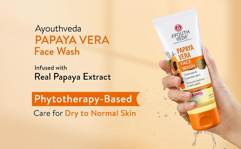 Ayouthveda Papaya Vera Face Wash with Real Papaya Extract for Dry to Normal Skin | Deep Cleansing, Removes Dullness, Dark Spots & Impurities | Hydrating, Sulfate-Free Gentle Formula | 100 g (Pack of 1)
