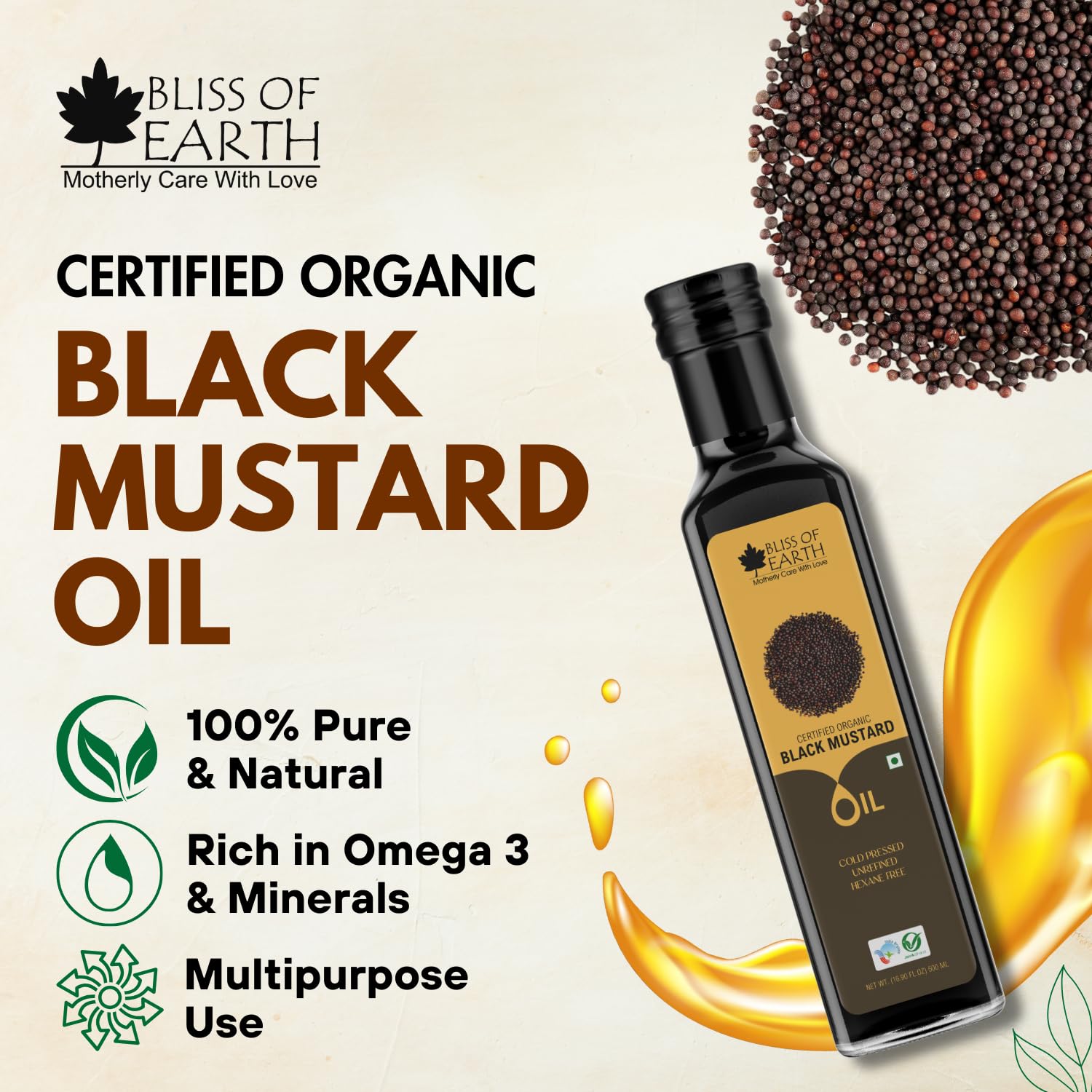 Bliss of Earth 500ML Certified Organic Mustard Oil For Cooking & Hair, Cold Pressed, Hexane Free (Pet bottle)