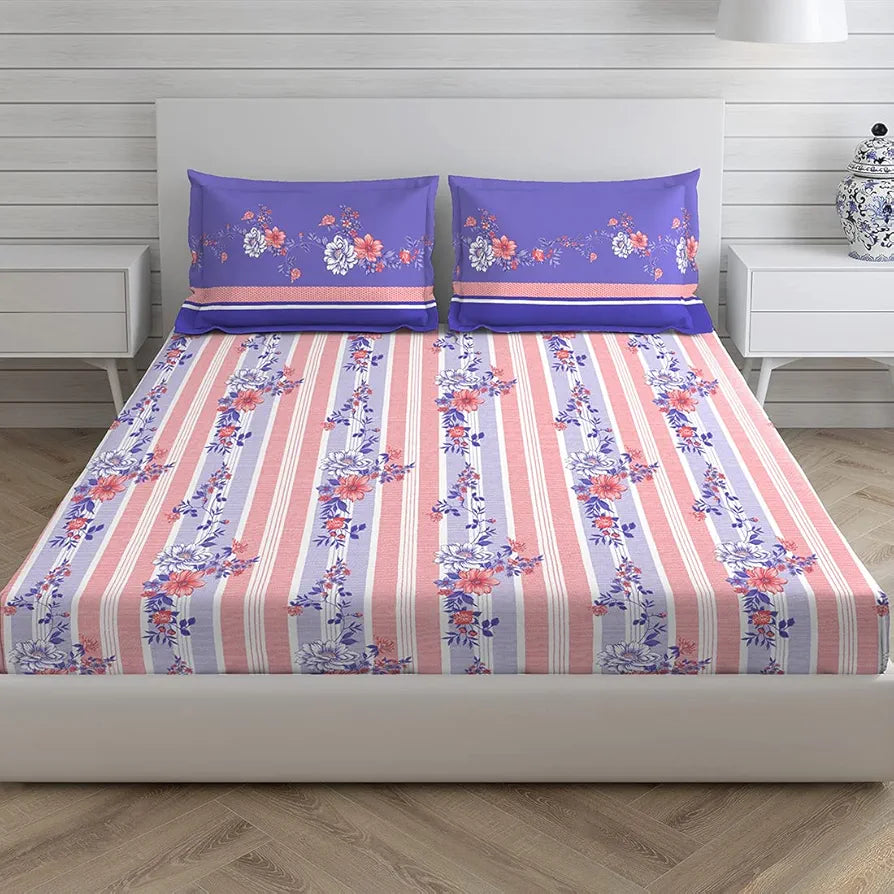 Layers Pavia Cotton Bedsheet Set for All Seasons Lightweight 104 TC Queen Size Peach Purple