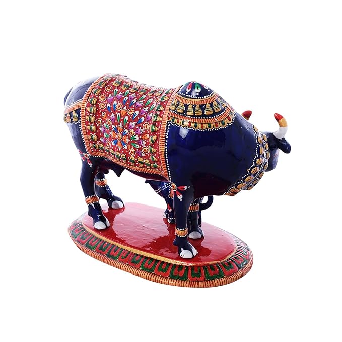 Ecraftindia Meenakari Cow and Calf Metal Figurine | Blue and Red