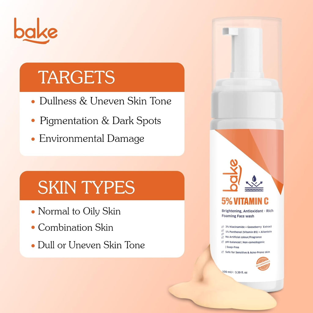 BAKE 5% Vitamin C Foaming Face Wash with Niacinamide | Brightening Face Wash for Pigmentation, Dark Spots & Uneven Skin Tone | Antioxidant Rich Cleanser for Dull, Normal to Oily Skin â€“ 100ml