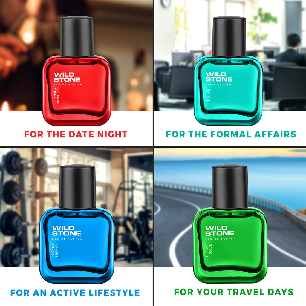 Wild Stone Edge, Forest Spice, Hydra Energy and Ultra Sensual Perfume Combo for Men, Long Lasting Smell | Pack of 4 (30ml each)