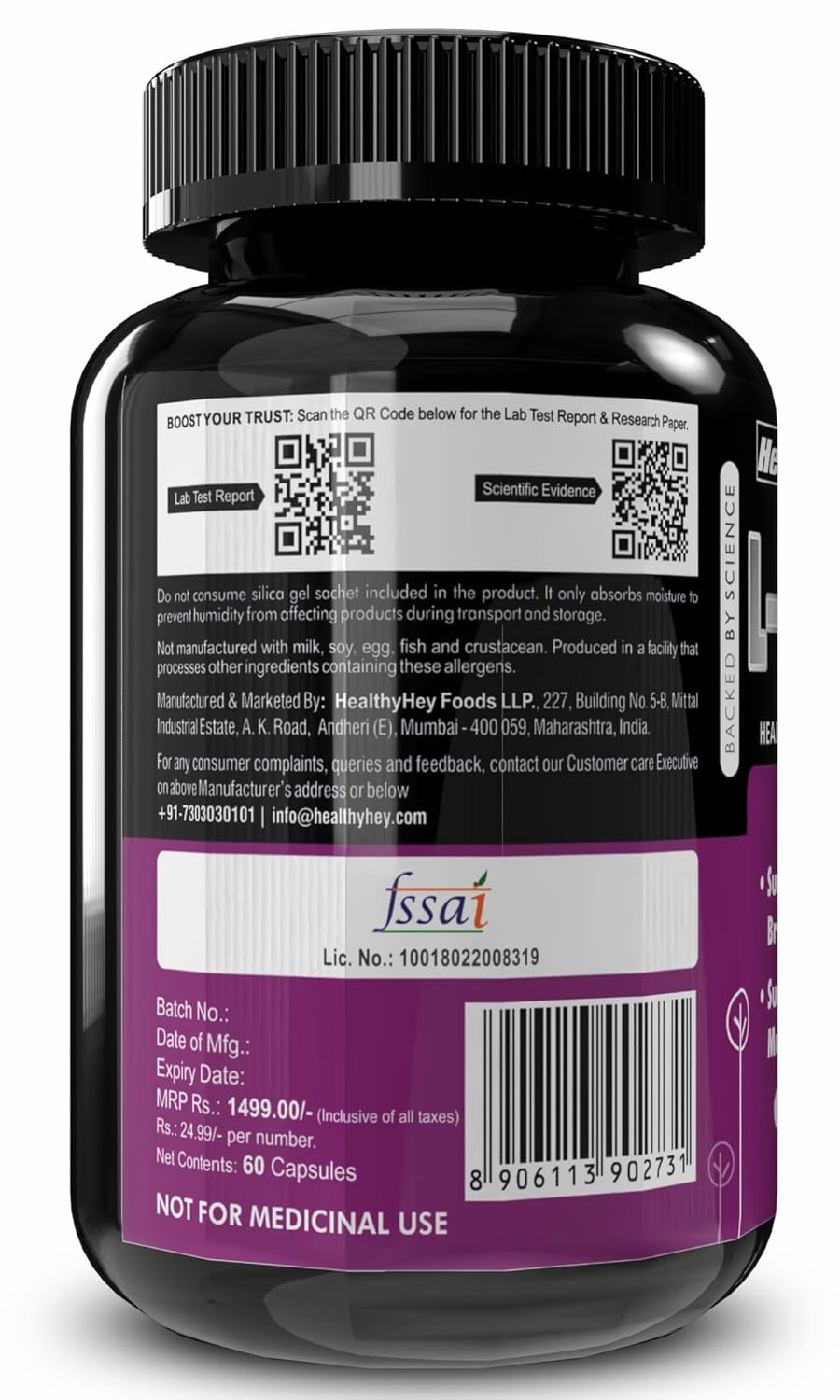 HealthyHey Sports L-Serine - 500mg/Serving - 60 Vegetable Capsules