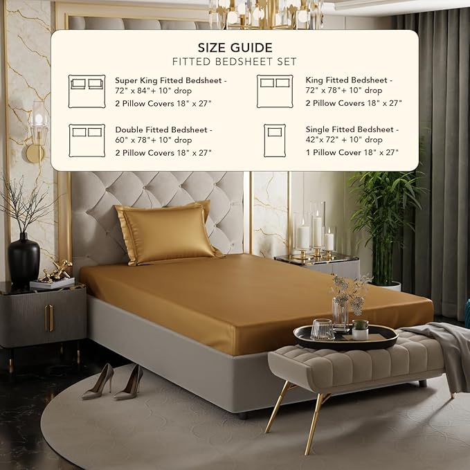 Stoa Paris Satin Elastic Fitted Bedsheets for Single Bed 300TC Premium 1 Pillow Cover Colour Gold