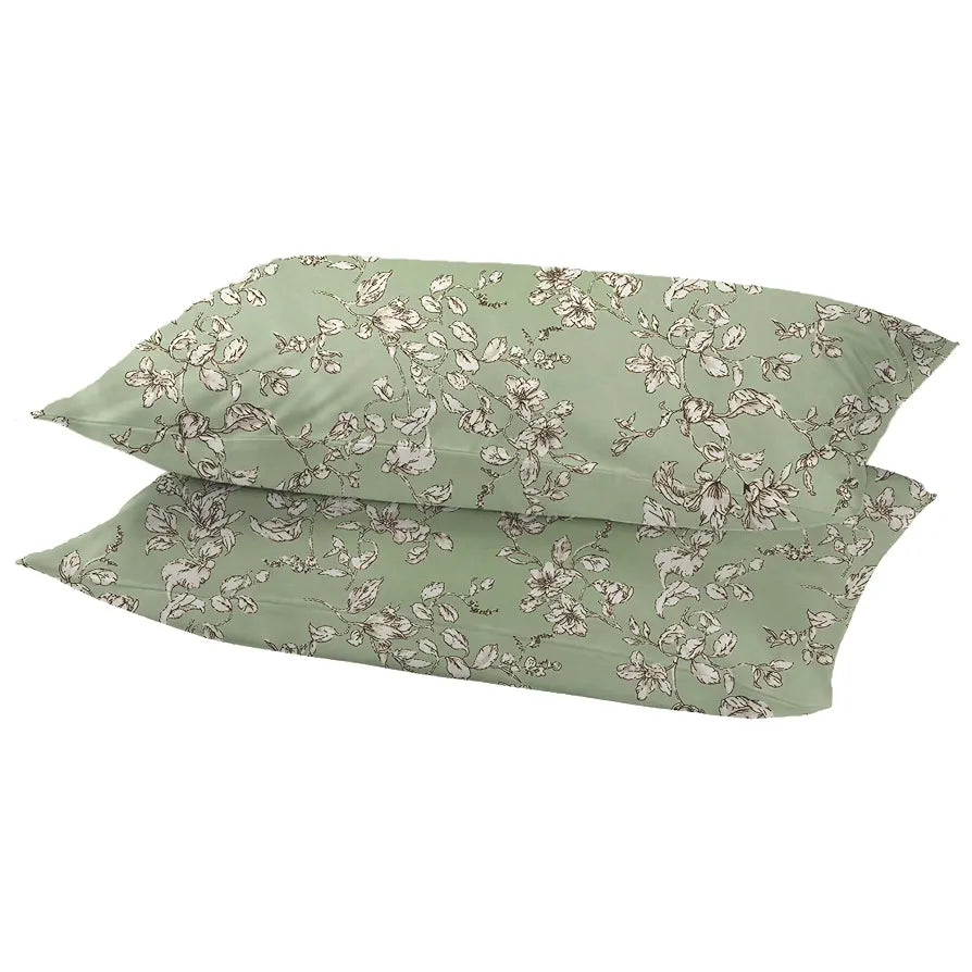 Trance Home Linen 100% Percale Cotton 210 TC Bedsheet Queen Size Printed Fitted Bedspread with 2 Pillow Covers Colour Grape Vine Green