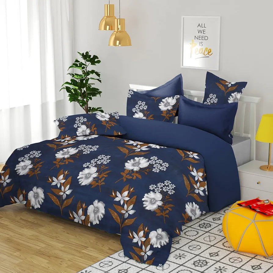 HomeKart Microfiber bedsheet for Double Bed with 2 Pillow Covers Breathable and Soft Touch 144 TC Pattren Floral Blue and White TC - 144
