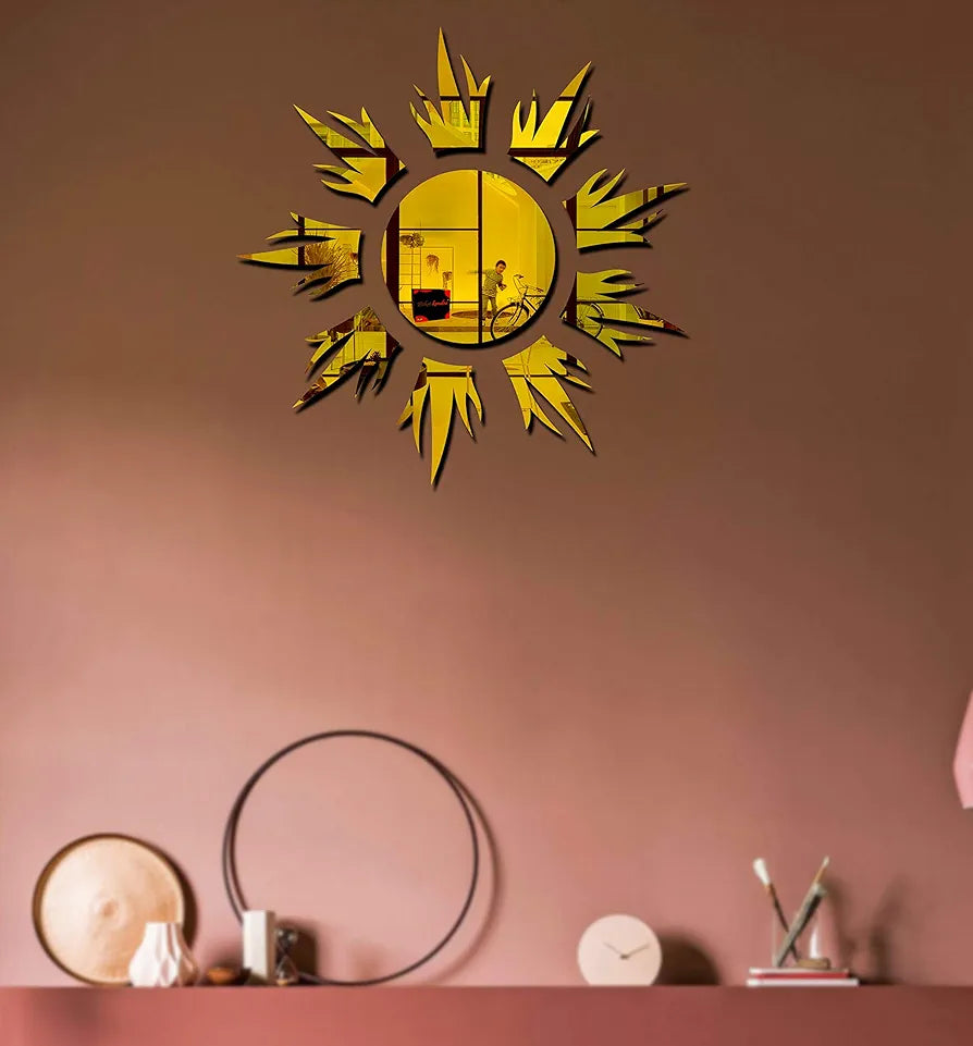 Bikri Kendra Sun Golden Mirror Stickers for Wall, Acrylic Mirror Wall Decor Sticker Model-11
