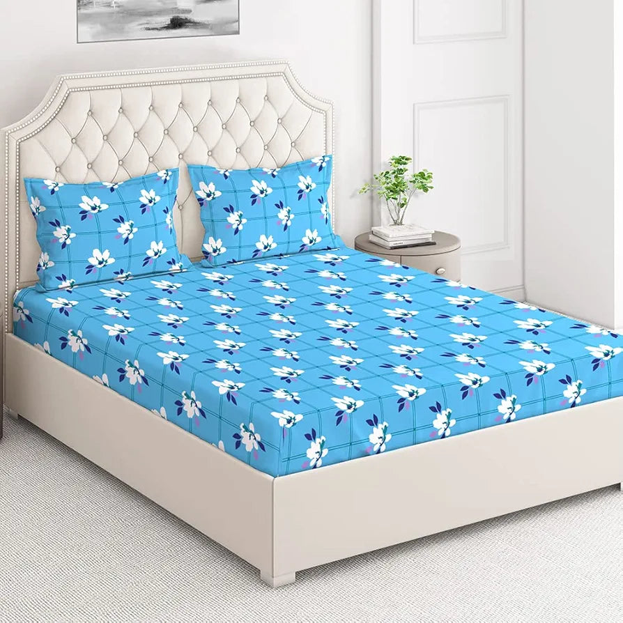 Layers Classic Cotton Bedsheet Set for All Seasons Lightweight 104 TC Queen Size Blue, Floral Pattern