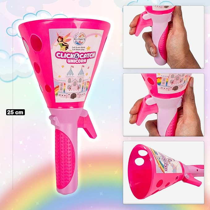 Ratna's Click & Catch Plastic Twin Ball Indoor & Outdoor Game Pop and Catch Launcher Basket Toy | Unicorn Pink