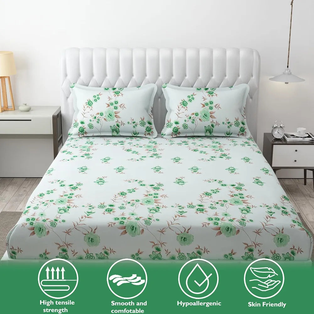 Fresh From Loom Floral Print 240 TC Microfiber Fitted King Size Bedsheet Set with 2 Pillow Cover Soft-Cyan