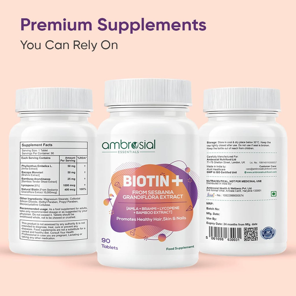Ambrosial Biotin Tablets with Amla, Brahmi & Bamboo Extract | Plant-Based Biotin Supplement for Hair, Skin & Nails | Vegetarian Formula â€“ 90 Tablets