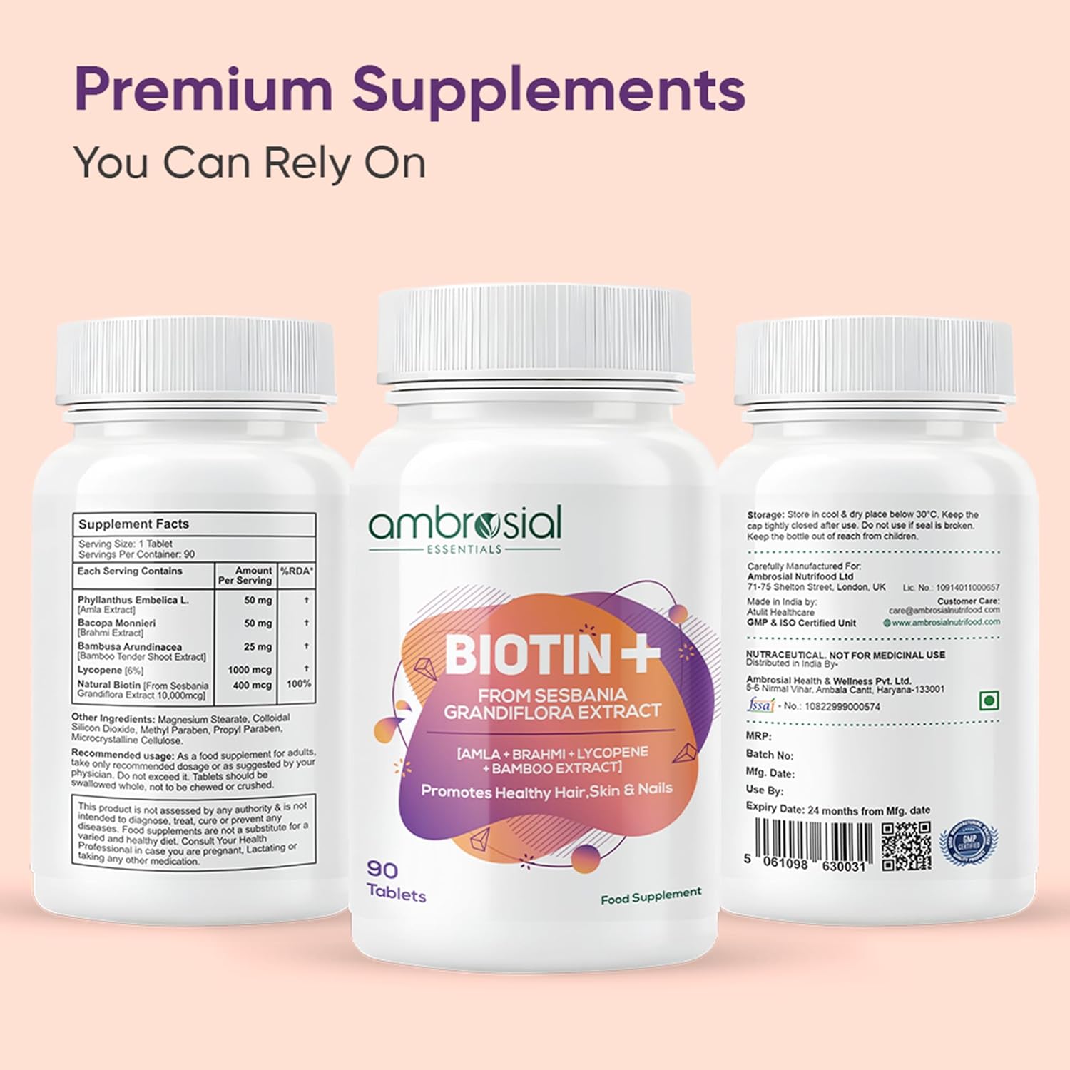 Ambrosial Biotin Tablets with Amla, Brahmi & Bamboo Extract | Plant-Based Biotin Supplement for Hair, Skin & Nails | Vegetarian Formula â€“ 90 Tablets