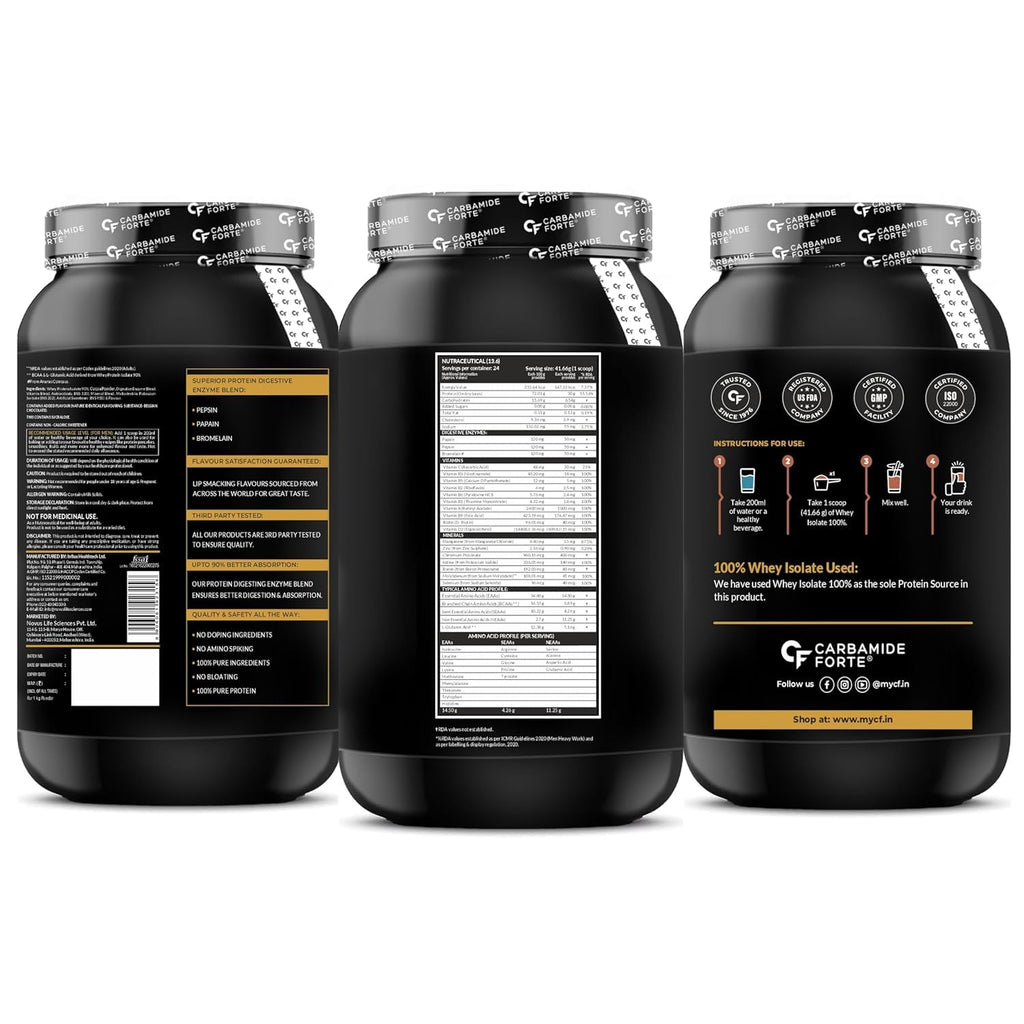 Carbamide Forte Whey Protein Powder Isolate | 100% Pure Protein Powder for Men | 30g Protein | 3X digestive Enzymes | 6.89g BCAA | 14.50g EAA | No added sugar | Belgian Chocolate Flavour - 1Kg