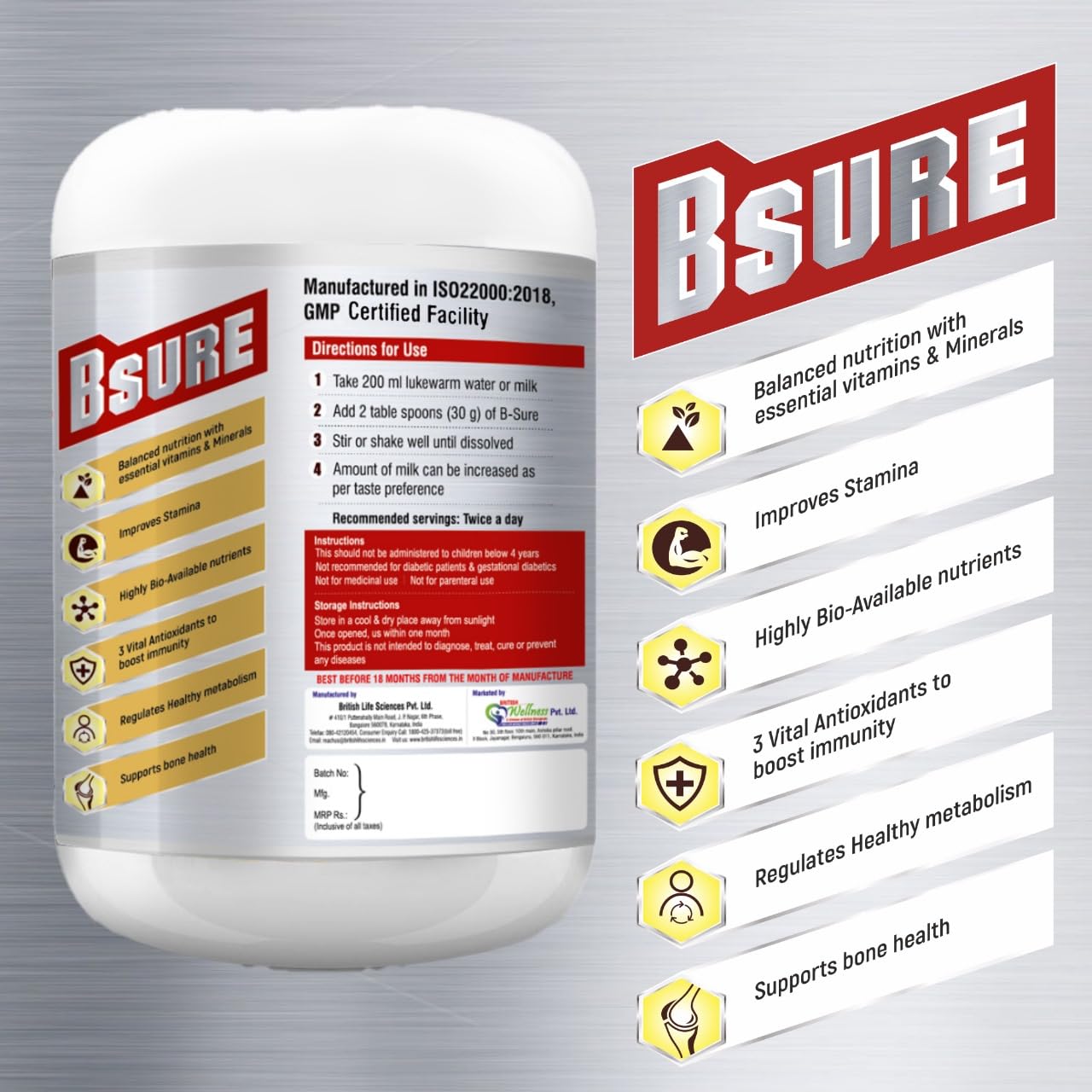 Bsure - For a Life Without Health Limits | Complete Balanced Nutritional Supplement for All Ages | Immunity Booster with 3 Vital Antioxidants & 28 Nutrients | Gluten-Free | Vanilla Flavour | 400g