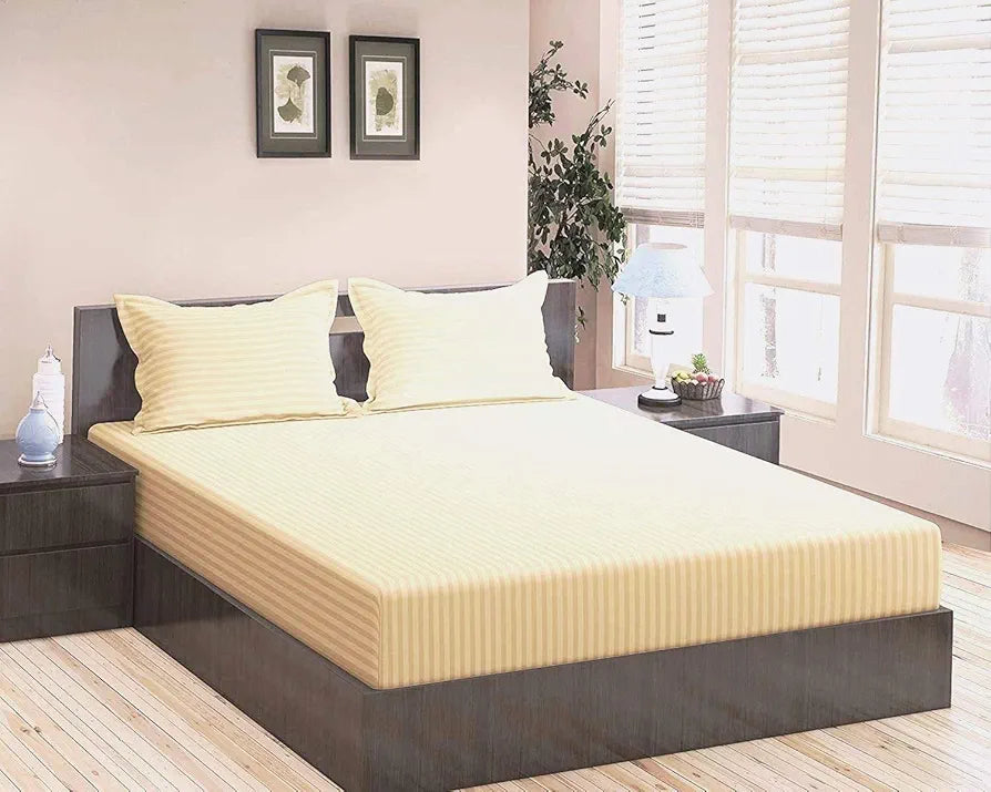Trance Home Linen 100% Cotton 78X72 Inch King Fitted 200Tc Satin Stripe Elastic Fitted Bedsheet With 2 Pillow Covers Colour Light Ivory Cream