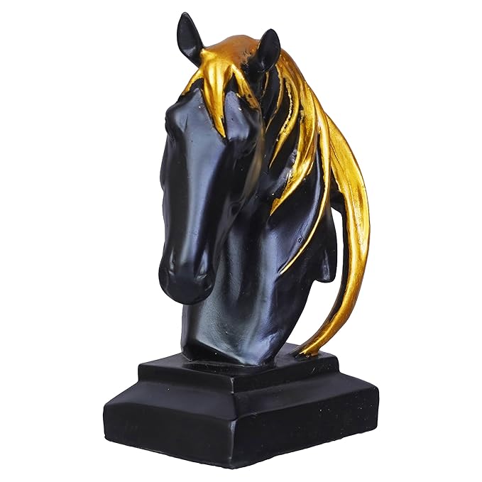 Ecraftindia Black Horse Head Statue With Golden Hair Animal Figurine Showpiece